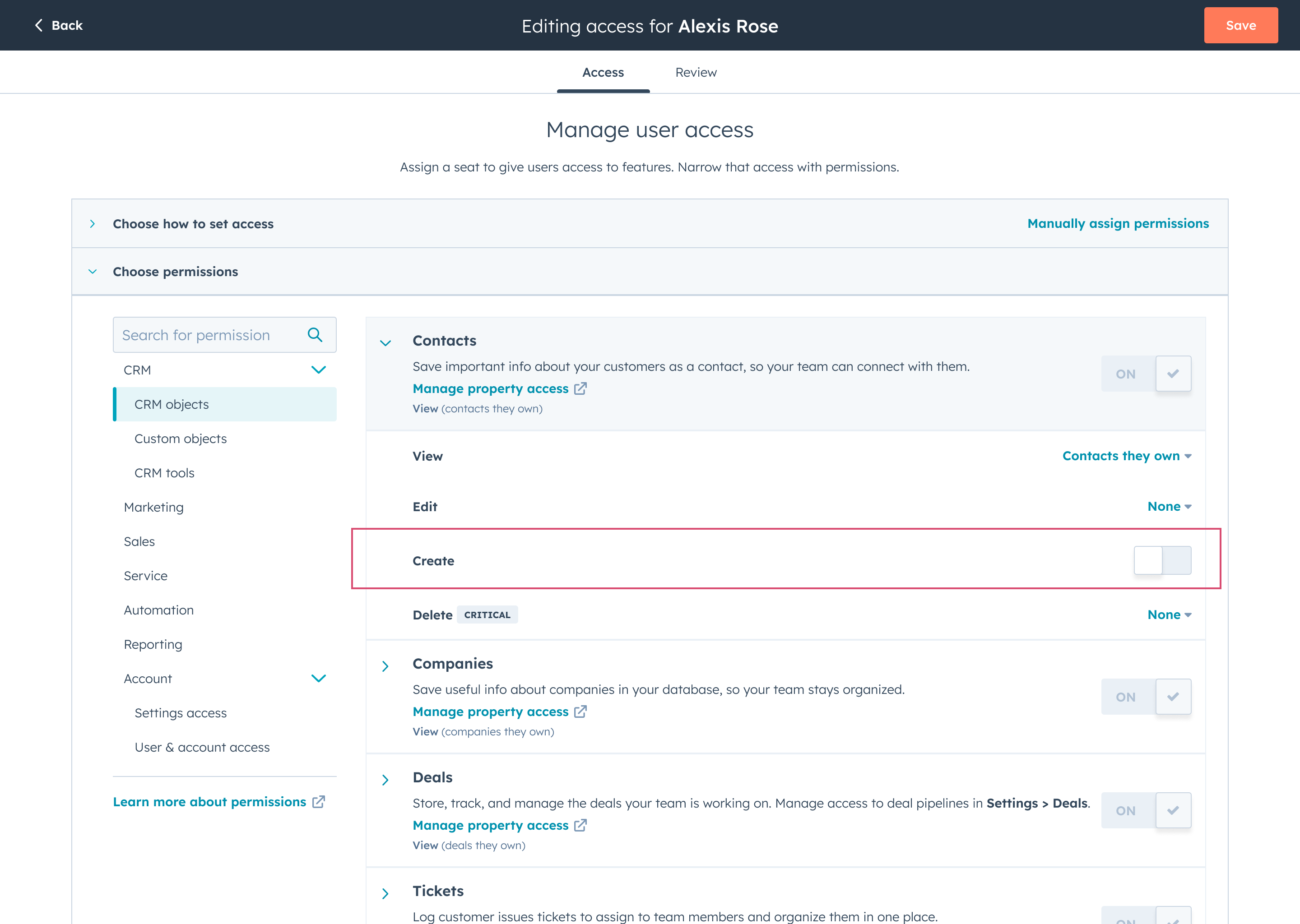 Schermata permessi di creazione separati in HubSpot per contatti, aziende, deal, ticket e oggetti personalizzati, focus su governance dati e qualità CRM
