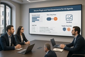 A clean modern Italian enterprise meeting room where technical PMs and security leads review a large wall dashboard about secure plugin and tool governance for AI agents Visualize permission scopes allowdeny flows sandbox icons supplychain risk badge