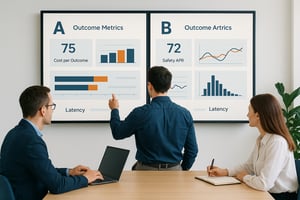 A modern Italian analytics room with product managers comparing two dashboards sidebyside for agentic AB testing Visualize outcome metrics cost per outcome safety APR latency histograms and version labels A vs B Clean professional bluewhiteorange pal