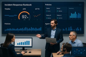 A modern Italian enterprise security operations room where digital PMs and reliability engineers coordinate an incident response runbook for AI agents Large wall dashboards show timelines APR Attack Pass Rate gauges MTTR charts policy card status and