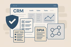 A professional scene showing a CRM dashboard overlayed with compliance elements shield checklist audit trail logs DPIA document and governance workflow nodes Color palette in blues and neutrals clear modern style suitable for a consulting blog