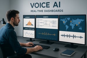A sleek Italian B2B engineering workspace with realtime Voice AI dashboards focused on WebRTC and edge latency Visuals latency histograms 300 ms jitterpacket loss charts WebRTC call traces region map pins and audio waveforms Professional realistic bl