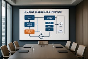 A sleek Italian enterprise meeting room with a large wall screen visualizing an AI agent sandbox architecture approval gates canary releases rollback paths permission scopes readwriteTTL and circuit breakers Clear flow diagrams and audit export icons