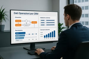 An Italian B2B data operations workspace with dashboards showing an agentic ETL pipeline for CRM extraction nodes validation schemas transformation steps lineage timelines permission layers and costperoutcome widgets Professional realistic clean corp