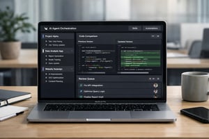 Composizione 32 ufficio tech moderno MacBook aperto con unapp di orchestrazione agenti AI Colonne di thread per progetto finestra diff di codice coda