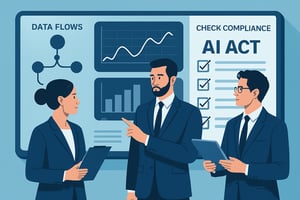 Dashboard digitale modrna con flussi generici check compliance e profession isti italiani che esaminano requisiti AI Act in stile corporate informativo-3