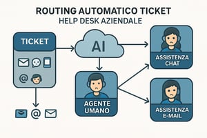 Diagramma routing automatico ticket in Help Desk aziendale con AI e agenti umani nei vari canali digitali-1