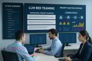Italian enterprise security operations center where digital PMs and security engineers analyze dashboards about LLM red teaming and prompt injection defense Visual elements attack taxonomy board adversarial prompt examples blurred guardrail pipeline