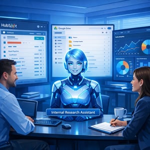 Modern office scene in blue palette where a digital AI agent sits between a marketing manager and screens showing HubSpot CRM Google Drive and dashboa