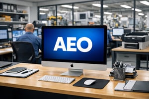 un ufficio azienda manufactirung con computer mc e scritta sul desktop AEO