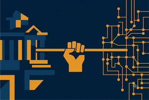 Illustrazione concettuale sulla governance dell'intelligenza artificiale: una mano umana regola il flusso tra un'istituzione e un sistema digitale.