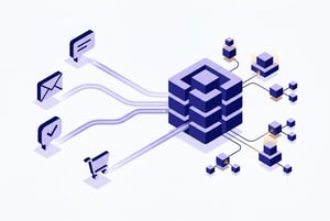 Illustrazione di un agente AI che collega chat, email e messaggi di un e-commerce a un CRM centrale per automatizzare l'assistenza clienti