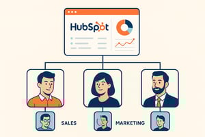 Illustrazione moderna di diversi stakeholder aziendali sales marketing IT manager collegati tra loro in una visualizzazione ad albero tipo org chart connessi tramite una dashboard HubSpot che evidenzia ruoli e relazioni colori aziendali di