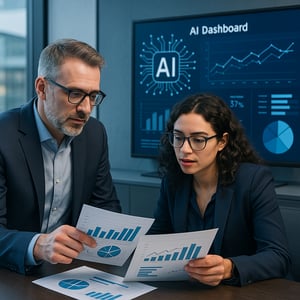 Manager e data scientist analizzano dashboard AI per produttività e automazione digitale in azienda. Ufficio in stile Deloitte.