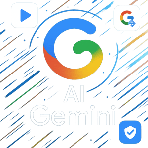 Visualizzazione digitale moderna che mostra il logo stilizzato di Gemini AI, icone di sicurezza, video e traduzioni avanzate, in un contesto aziendale innovativo.