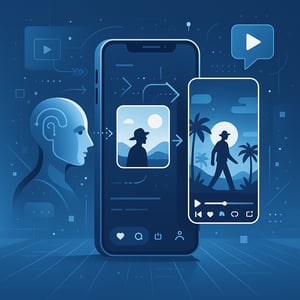 Intelligenza artificiale che trasforma immagini in video verticali di alta qualità, colori blu e bianchi, stile moderno e aziendale, simbolo di creatività e tecnologia avanzata.