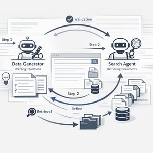 Illustrazione 3:2 di due agenti AI che collaborano con loop di feedback per la deep search