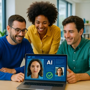 Professionisti in ufficio digitale che collaborano su interfacce AI e verifica video, ispirato a Google.