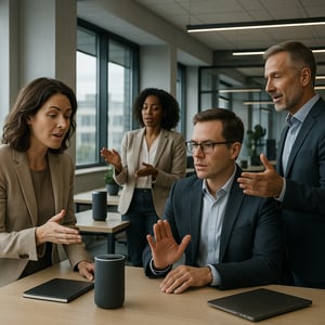 Manager e leader aziendali interagiscono con IA audio e comandi vocali in un ufficio senza schermi, atmosfera tecnologica e professionale.