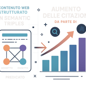 Grafico stilizzato connessione semantic triples e aumento citazioni AI