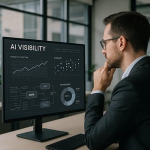 Un professionista analizza dashboard AI visibility tools con KPI e menzioni AI in azienda moderna