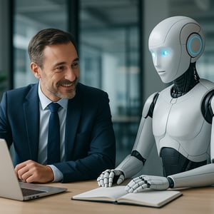 Professionista aziendale collabora con assistente AI in ambiente moderno