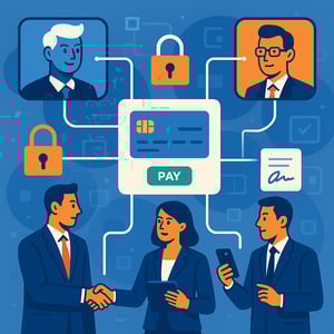 Rete di agenti digitali AI e figure business che autorizzano transazioni digitali sicure e automatizzate, scenario moderno e interconnesso.