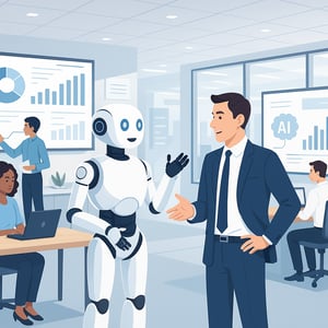 Scena moderna in azienda dove manager e AI collaborano per risultati concretamente misurabili.