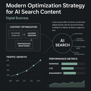 Schema strategico di ottimizzazione contenuti per AI search in ambiente digitale B2B con flusso dati e design pulito.