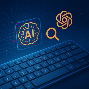 Tastiera e simboli AI generativa per la SEO su motori digitali