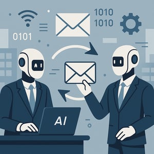 Illustrazione di agenti AI che si scambiano email dati in contesto aziendale digitale