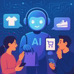 Illustrazione di AI Shopping Agent digitali che assistono clienti nello shopping online, scenario tecnologico avanzato.