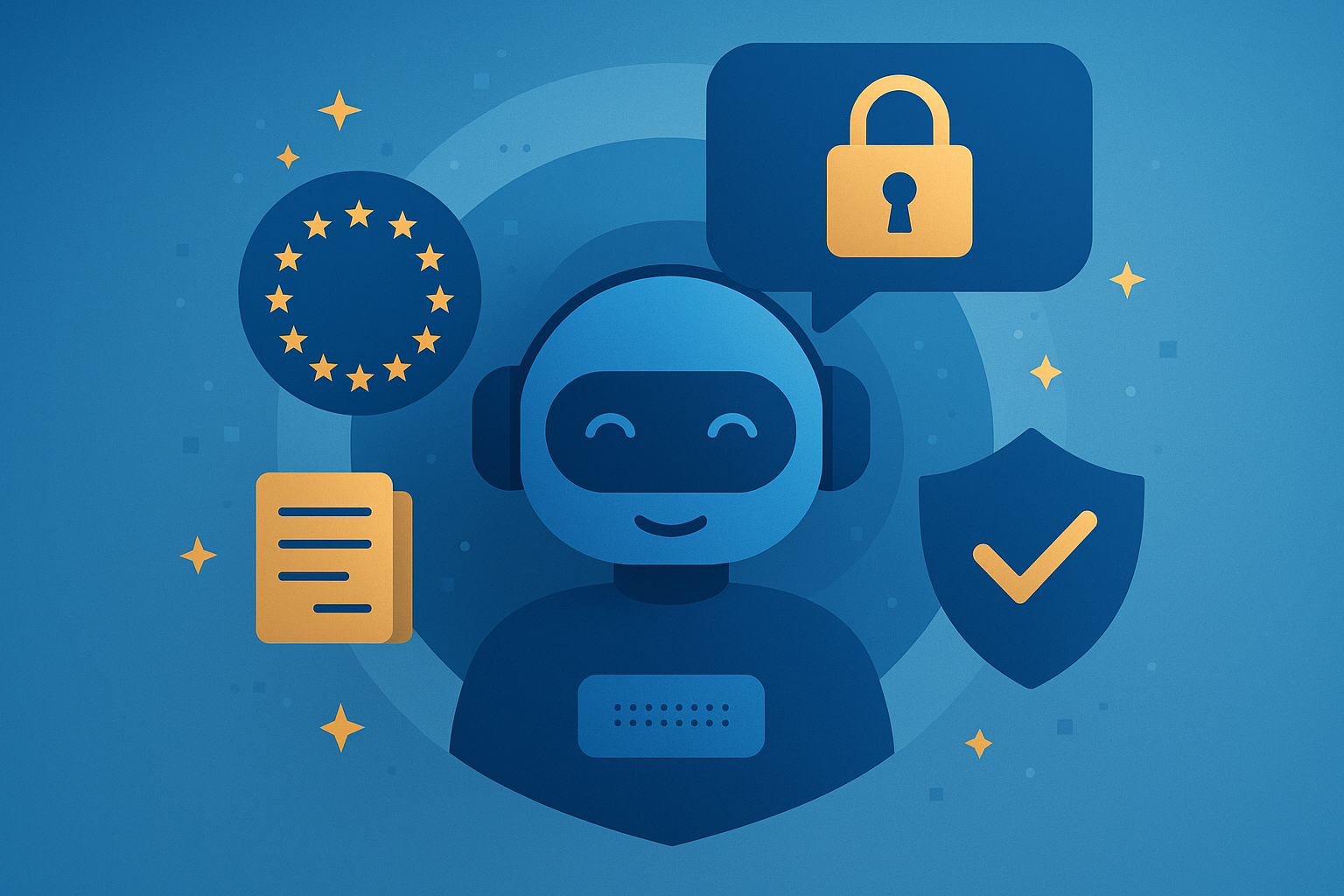 Assistente vocale AI digitale sicuro, simboli compliance UE e privacy per business.